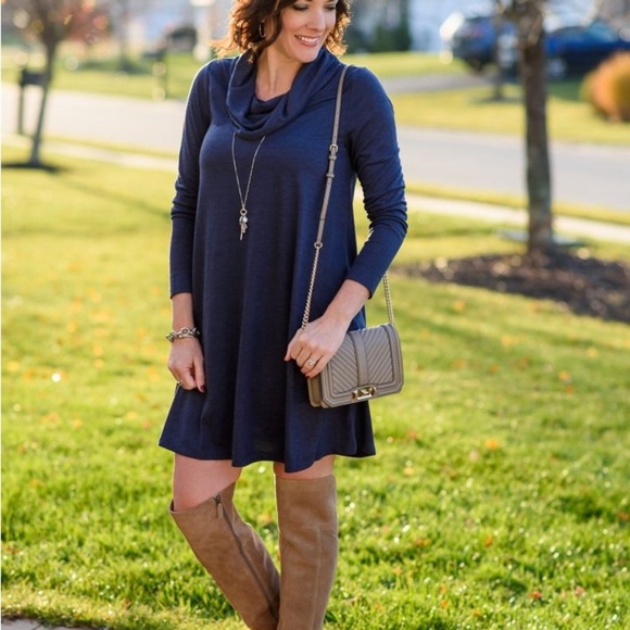 LOFT NWT Blue Cowl Neck Long Sleeve Swing Dress - Picture 1 of 7